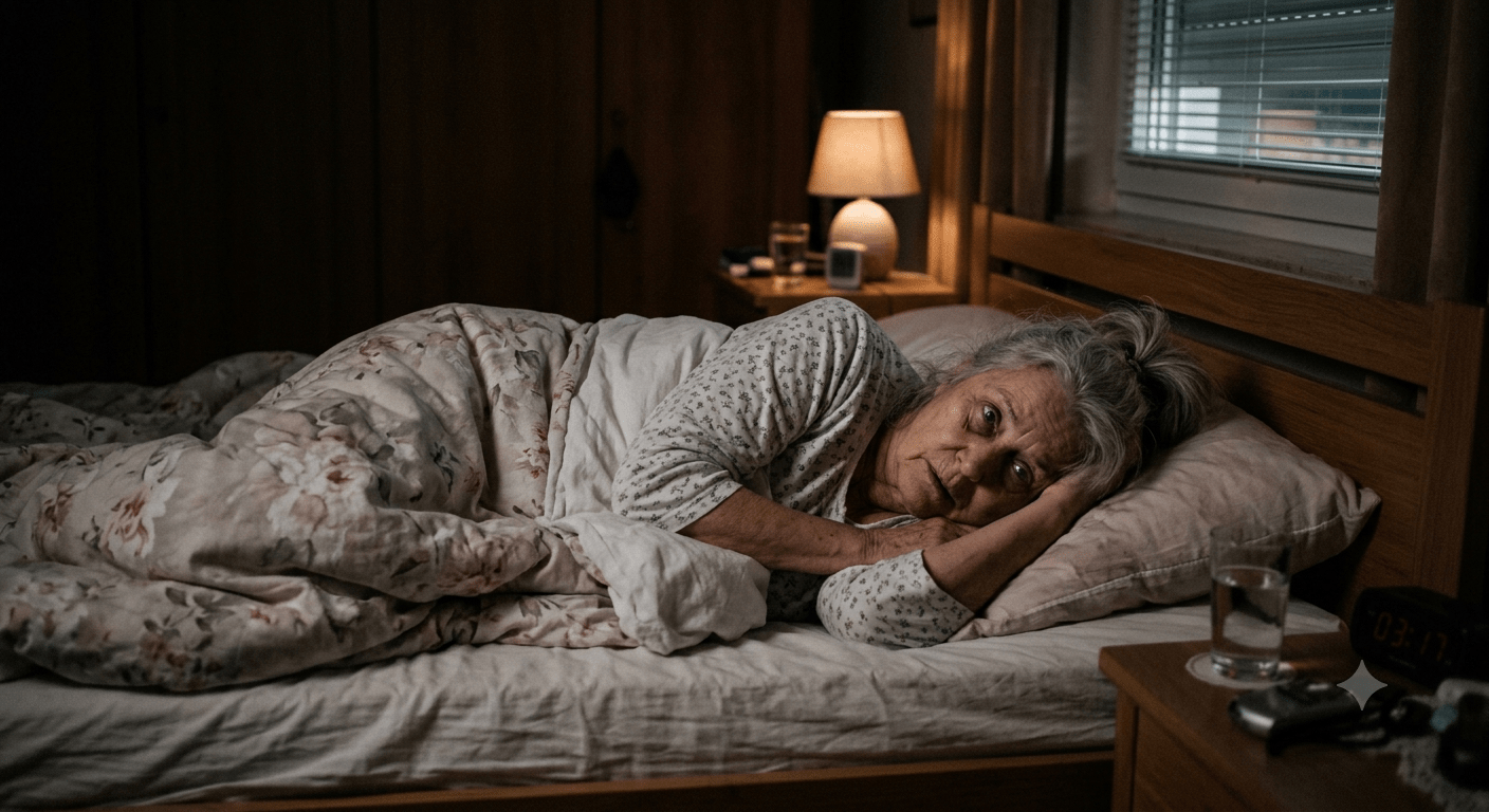Seniorin liegt wach im Bett - Bild: Generiert mit KI / Gemini oder Foto: KI-erstellt.