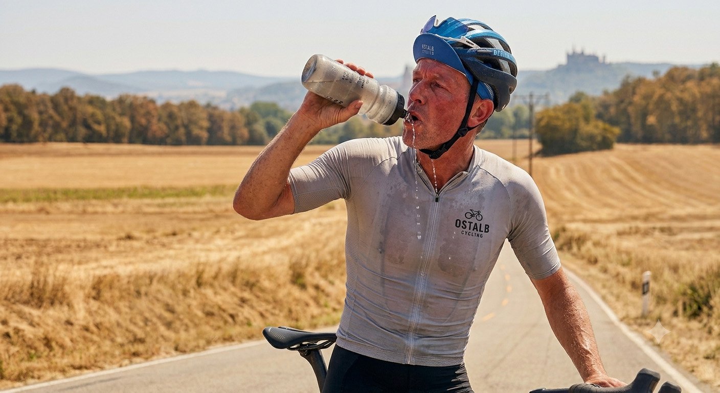Ein Radfahrer trinkt Wasser. Symbolbild: Generiert mit KI / Sanuvita
