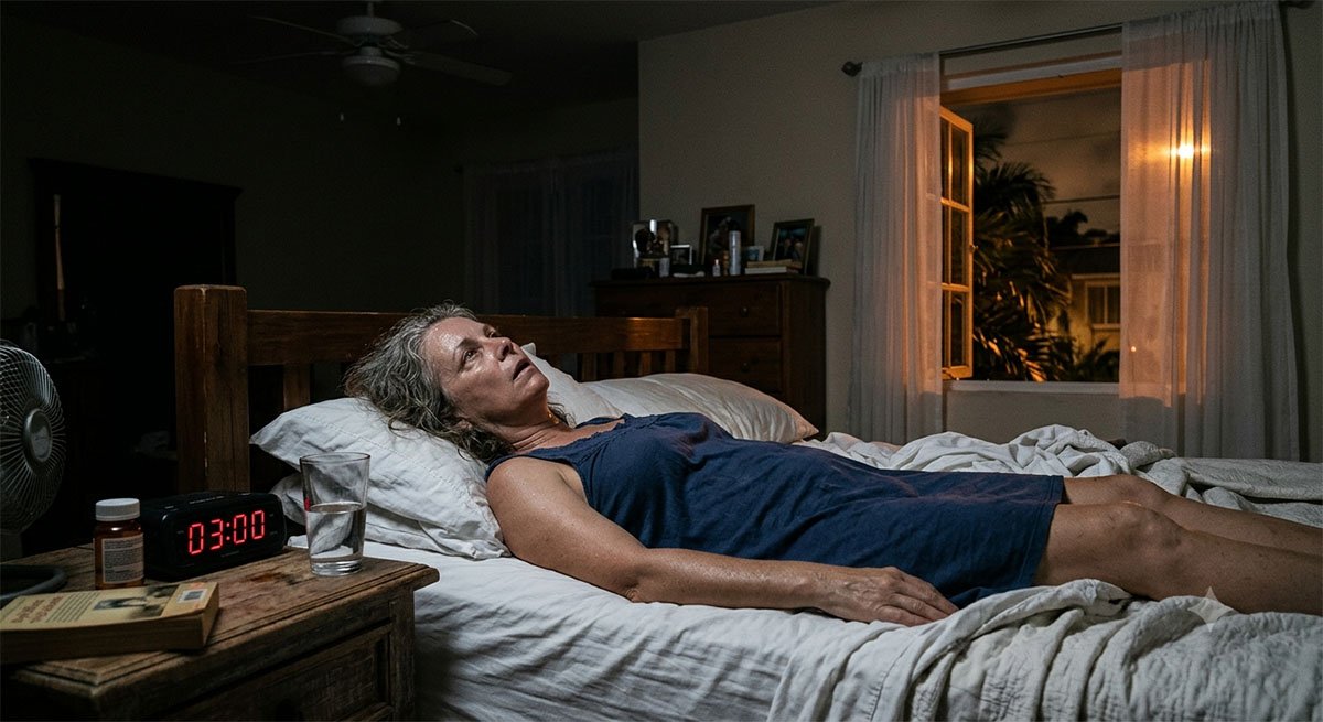 Frau liegt bei tropischer Hitze schlaflos im Bett. Symbolbild: Generiert mit KI / Sanuvita