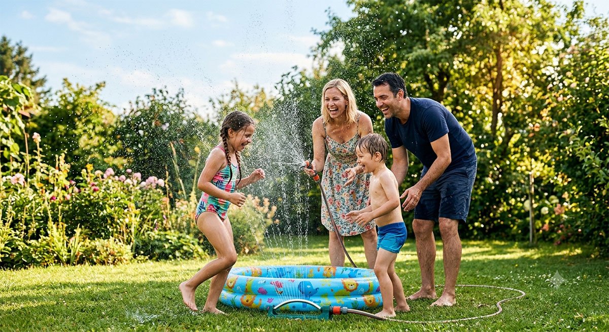 Familie kühlt sich am Planschbecken ab. Symbolbild: Generiert mit KI / Sanuvita