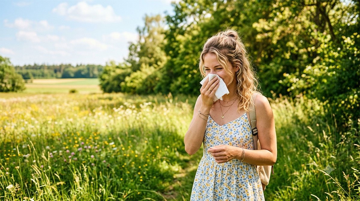 Junge Freau putzt sich die Nase - Sommergrippe: Warum wir trotz Hitze krank werden – und was wirklich hilft - Symbolbild: Generiert mit KI / Sanuvita