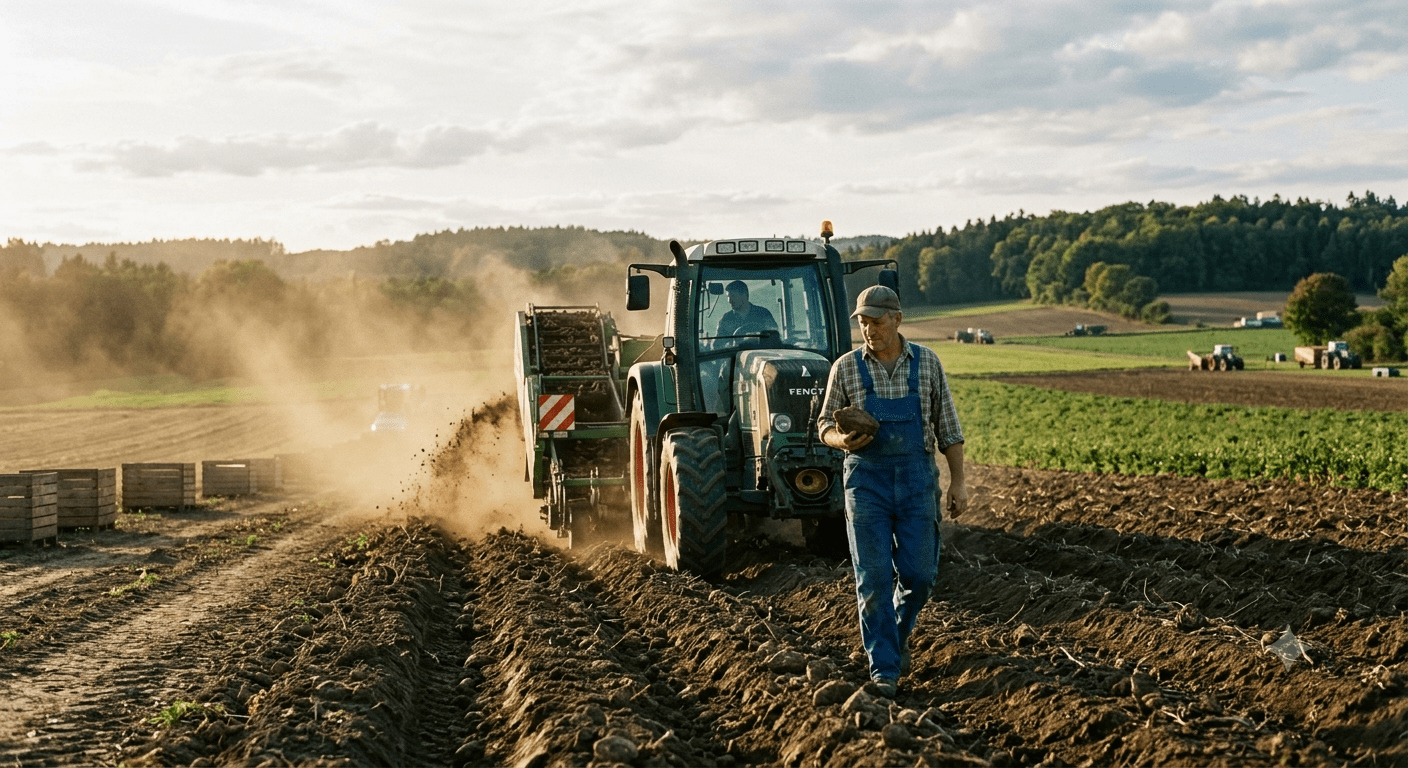 Landwirt bei der Arbeit auf dem Feld. Warum unser Gemüse weniger Nährstoffe enthält – und wann Nahrungsergänzung sinnvoll unterstützt. Symbolbild: Generiert mit KI / Sanuvita
