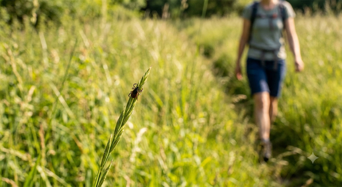 Zecke auf einem Grashalm, im Hintergrund eine Person beim Wandern durch hohes Gras - Symbolbild: Generiert mit KI / Sanuvita