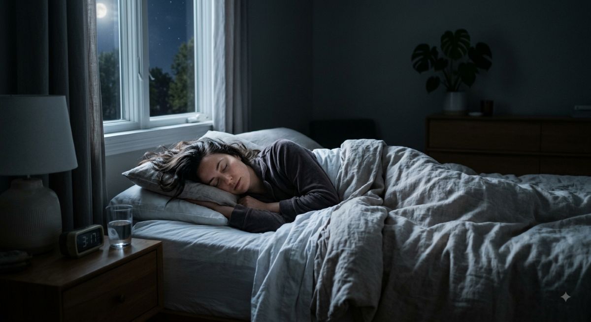 Person schläft tief und ruhig in dunklem Schlafzimmer - Symbolbild: Generiert mit KI / Sanuvita