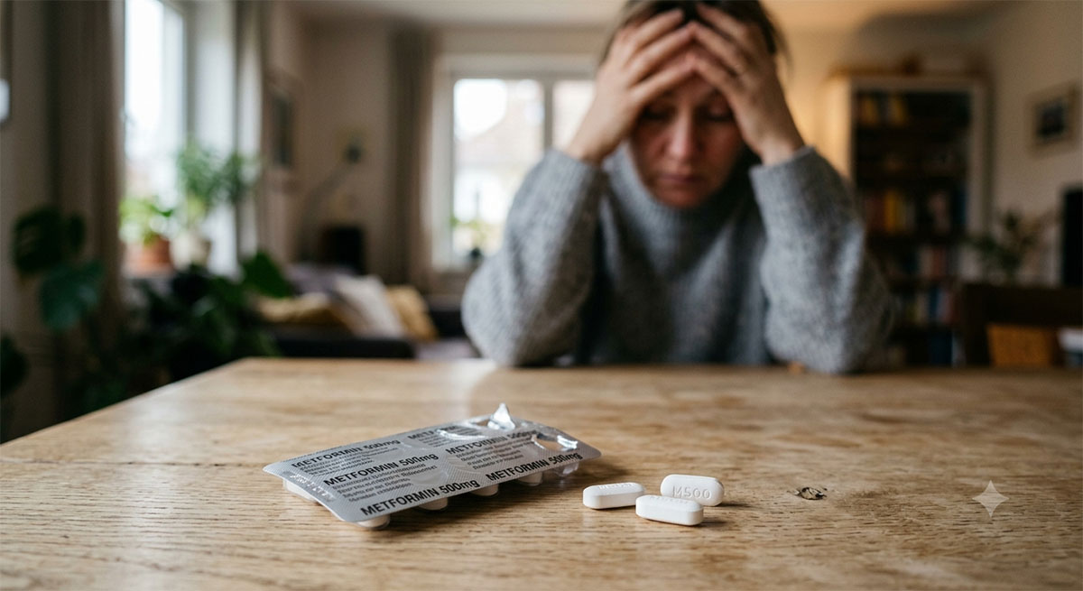 Metformin-Tabletten auf einem Tisch, im Hintergrund eine erschöpft wirkende Person - Symbolbild: Generiert mit KI / Sanuvita