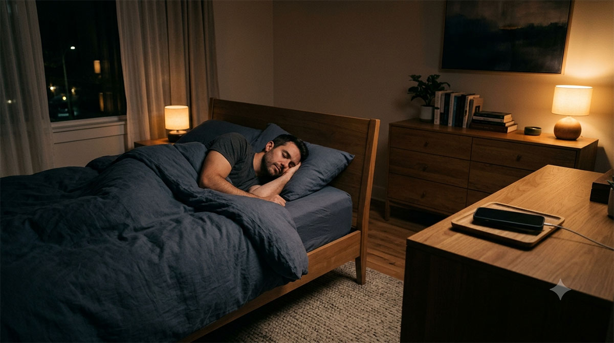 Abgedunkeltes Schlafzimmer mit warmem, gedämpftem Licht; ein Smartphone liegt außer Reichweite auf der Kommode, während eine Person friedlich im Bett schläft – symbolisiert die 'digitale Dämmerung' vor dem Einschlafen. - Symbolbild: Generiert mit KI / Sanuvita