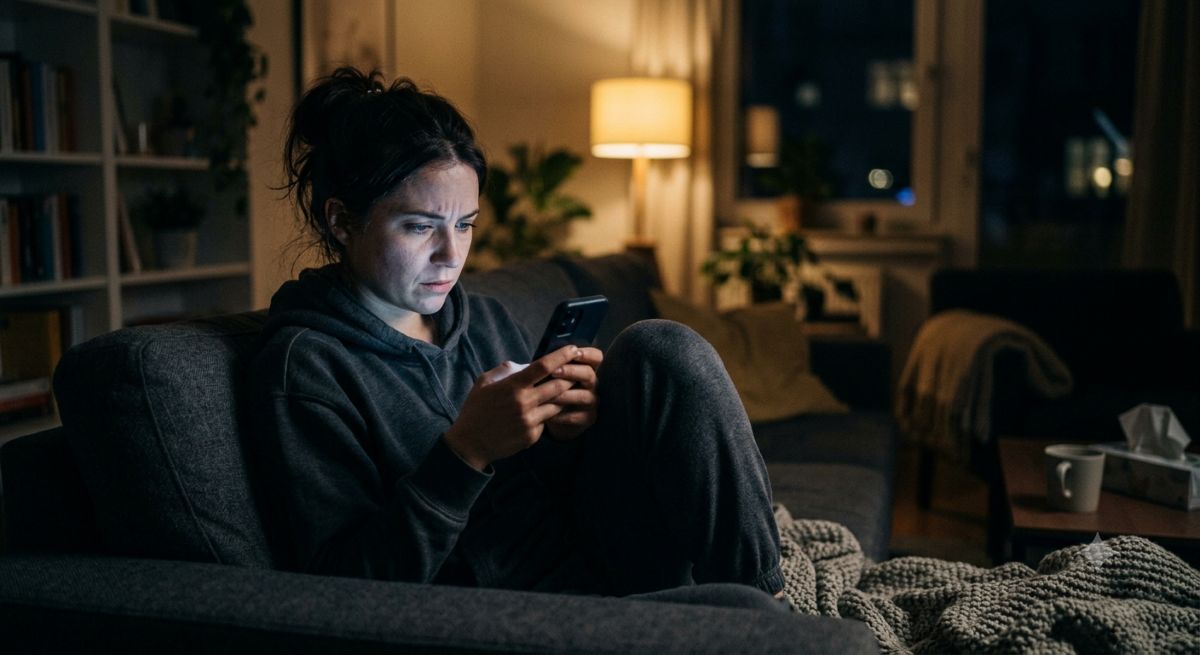 Person schaut abends besorgt auf ihr Smartphone bei der Suche nach Krankheitssymptomen - Symbolbild: Generiert mit KI / Sanuvita