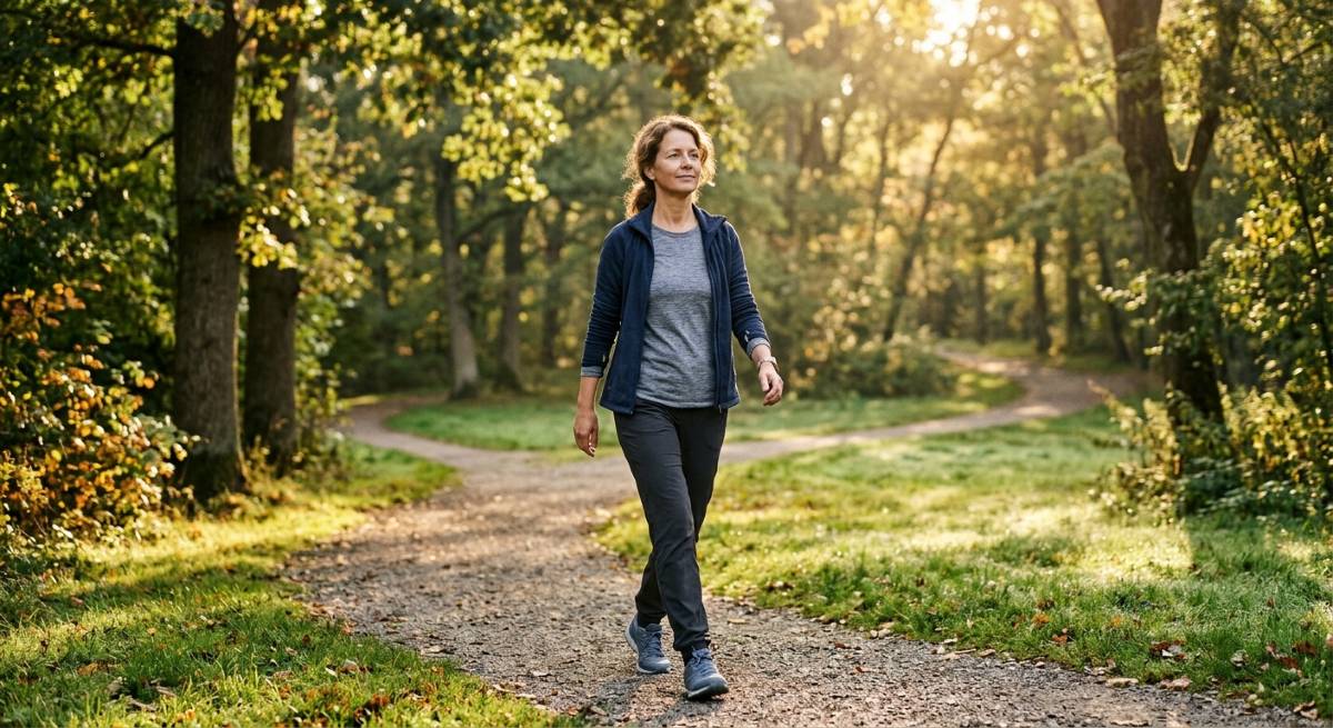 Frau praktiziert Tai Chi Walking im Park bei Sonnenaufgang - Symbolbild: Generiert mit KI / Sanuvita