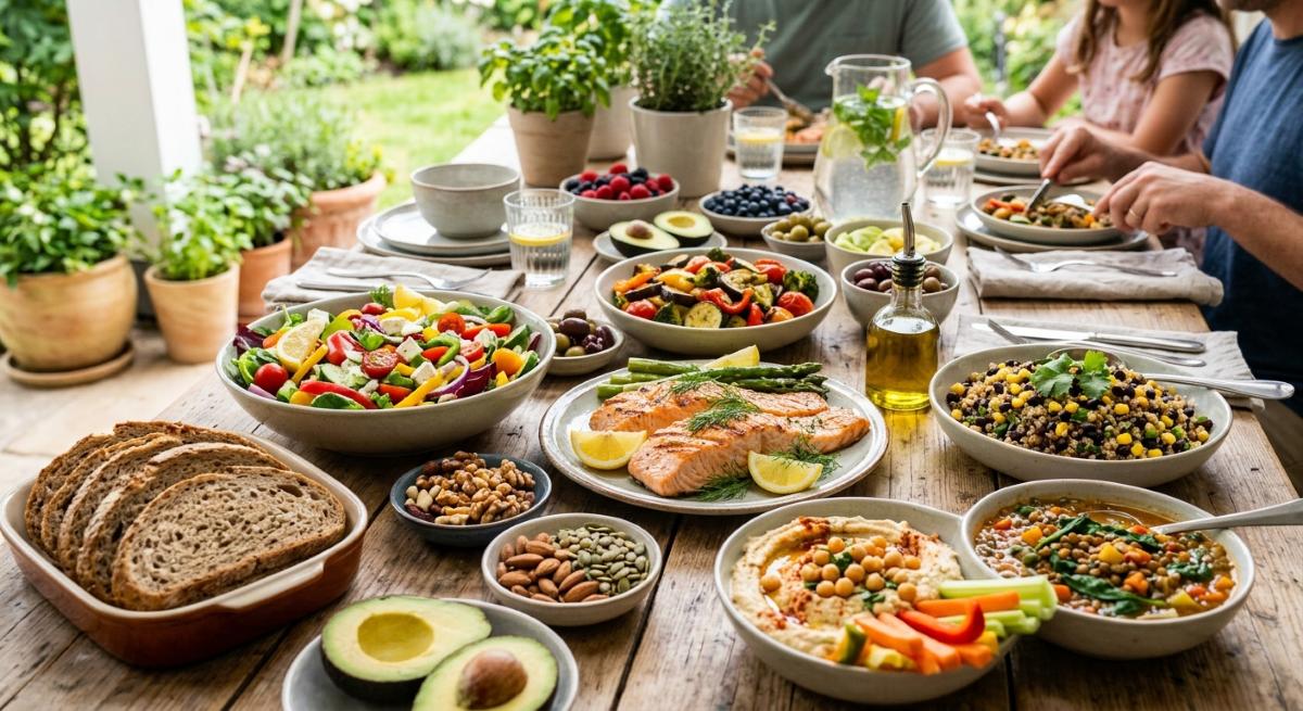 Bunt gedeckter Tisch mit vielfältigen gesunden Lebensmitteln als Symbol für unterschiedliche gesunde Ernährungsformen - Symbolbild: Generiert mit KI / Sanuvita