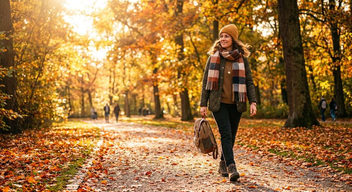 Frau macht einen Spaziergang im Herbstwald bei Sonnenlicht - Symbolbild: Generiert mit KI / Sanuvita