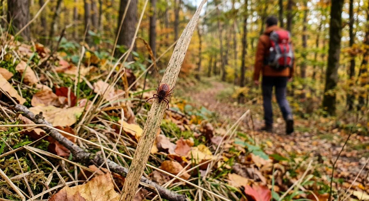 Nahaufnahme einer Zecke auf einem Grashalm im herbstlichen Unterholz, im unscharfen Hintergrund eine Person in Wanderkleidung - Symbolbild: Generiert mit KI / Sanuvita