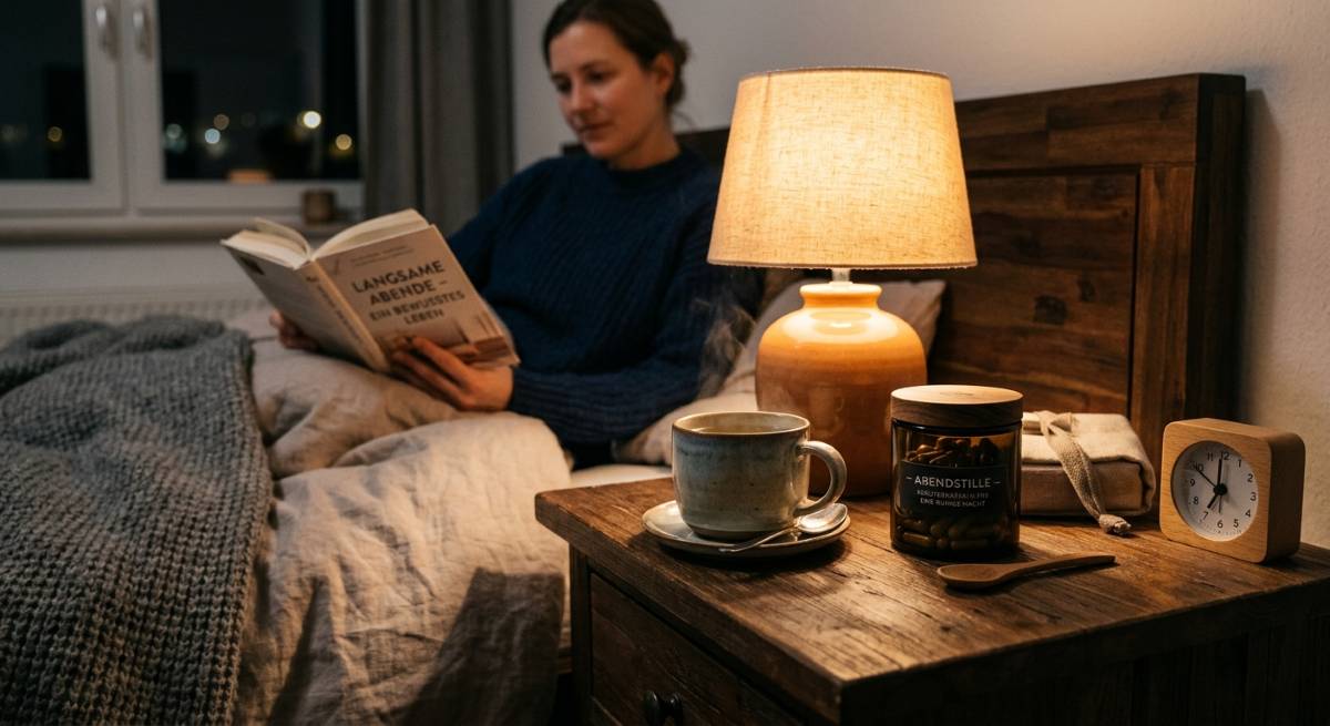 Gemütliche Abendroutine mit warmem Licht auf dem Nachttisch - Symbolbild: Generiert mit KI / Sanuvita