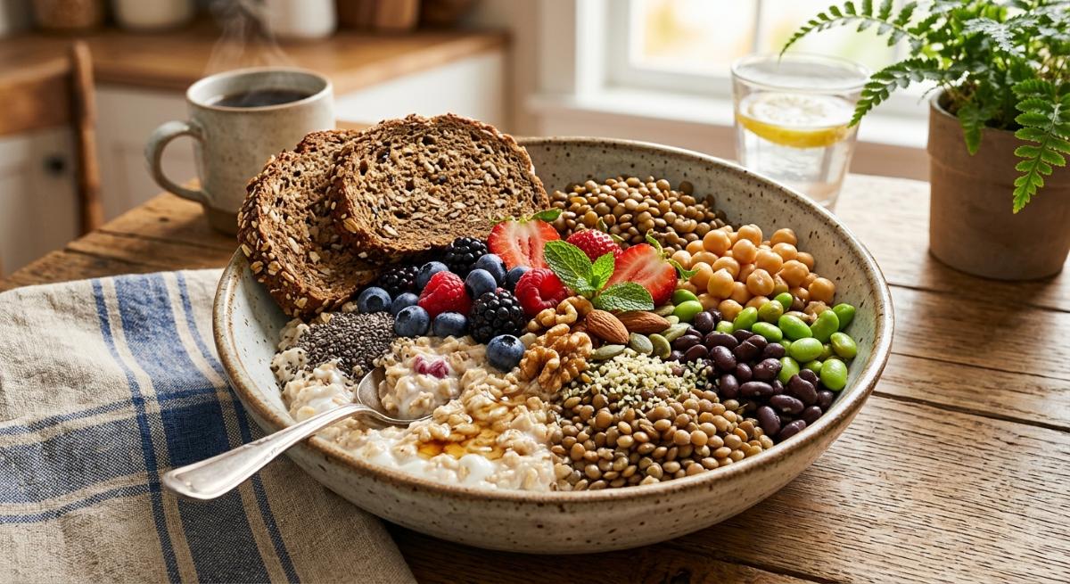 Bunte Schüssel mit ballaststoffreichen Lebensmitteln wie Hafer, Chiasamen, Hülsenfrüchten und Beeren - Symbolbild: Generiert mit KI / Sanuvita