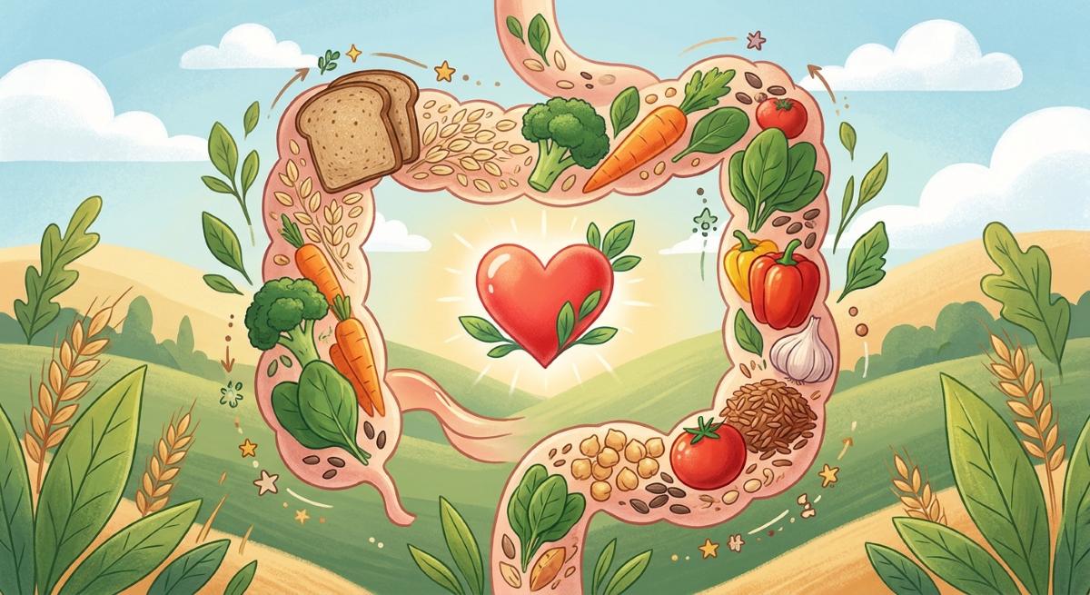 Darm und Herz als Illustration zwischen Gemüse und Vollkornprodukten - Generiert mit KI / Sanuvita