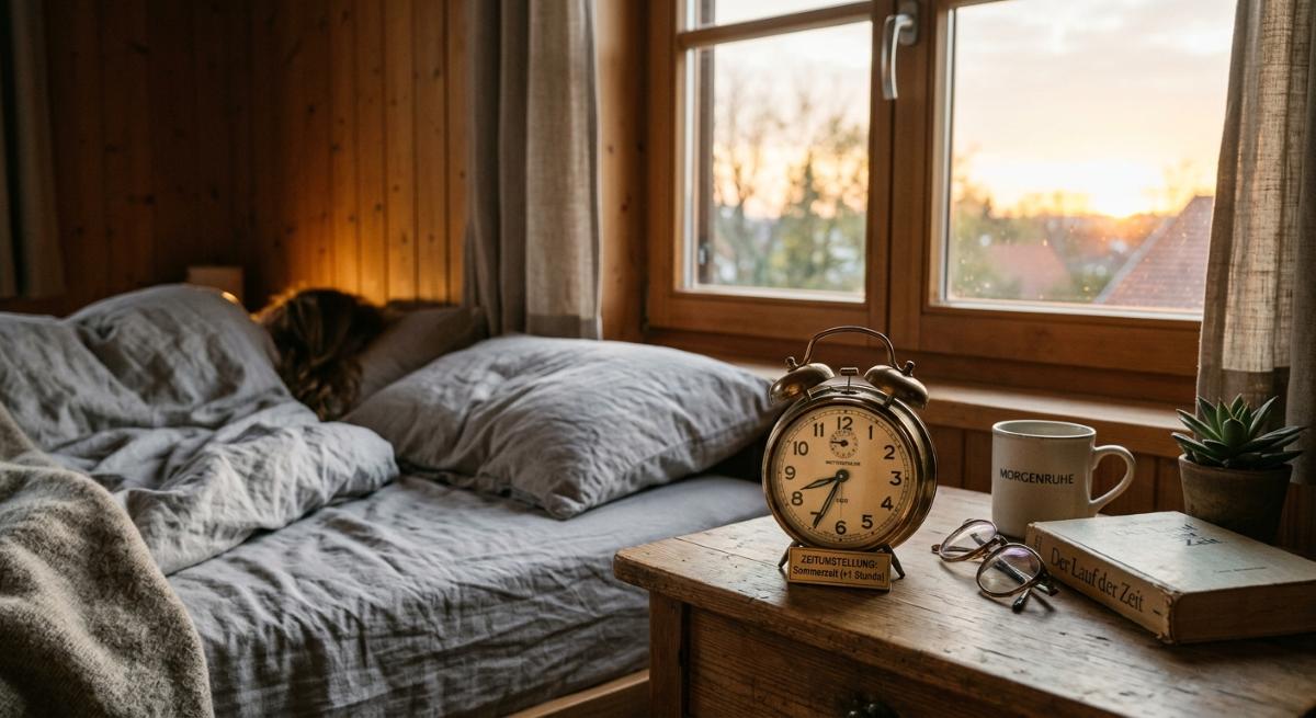 Wecker am Bett im Morgenlicht - Symbolbild für Zeitumstellung und Schlaf - Generiert mit KI / Sanuvita