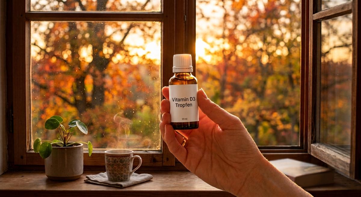 Flasche mit Vitamin-D-Tropfen im warmen Herbstlicht - Symbolbild: Generiert mit KI / Sanuvita