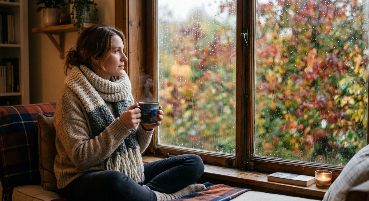 Person mit Tee und Schal blickt an einem Herbsttag aus dem Fenster - Symbolbild: Generiert mit KI / Sanuvita