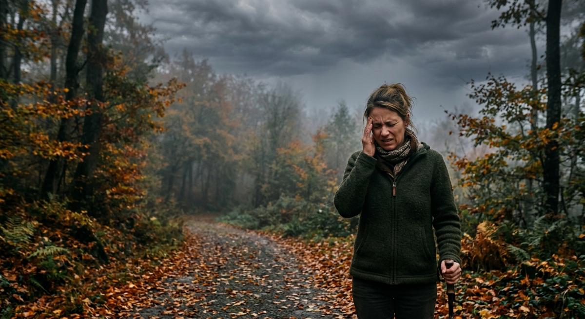 Person mit Kopfschmerzen bei nebligem Herbstwetter – Symptome der Wetterfühligkeit - Generiert mit KI / Sanuvita