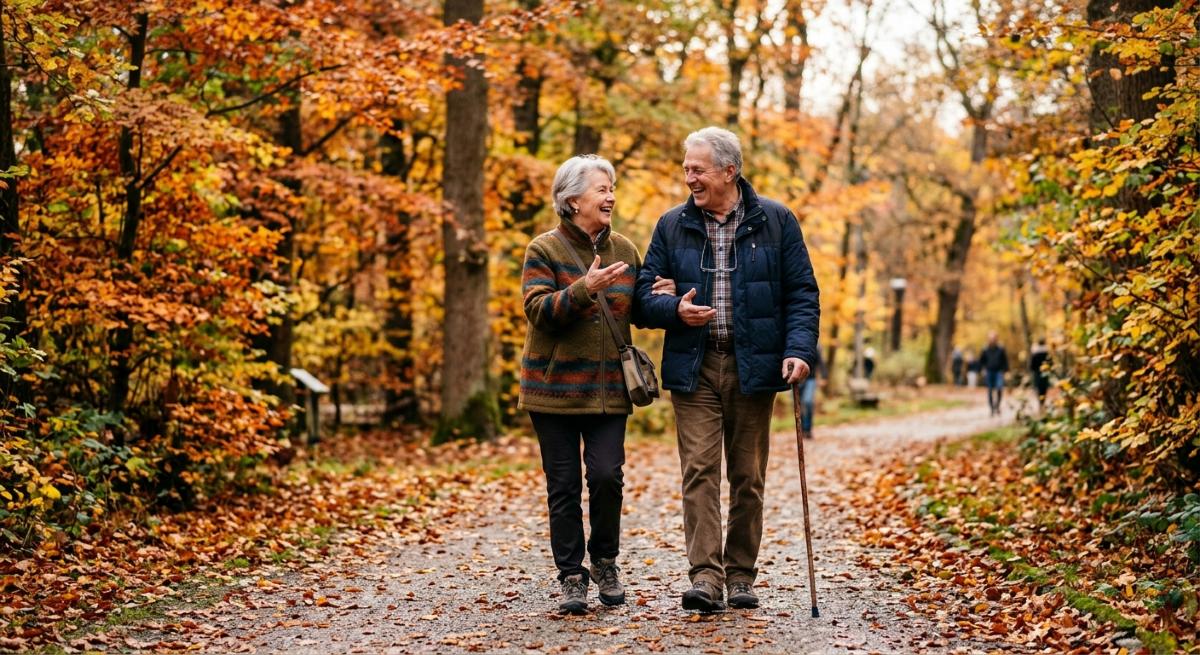 Zwei ältere Menschen spazieren im Herbst durch einen Park und unterhalten sich - Generiert mit KI / Sanuvita