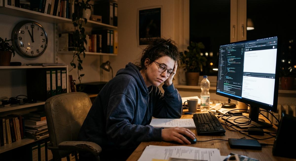 Erschöpfte Büroangestellte am Schreibtisch am späten Abend - Generiert mit KI / Sanuvita